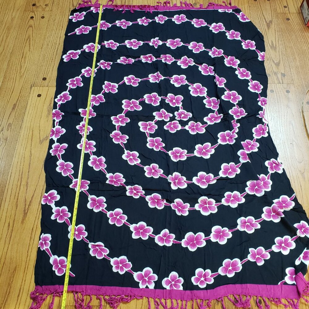Hawaiian Floral Fringe Sarong Pareo Swim Cover Up wrap Black - Picture 6 of 6